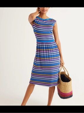 Boden Blue Multi-Stripe Cap Sleeve Midi Dress